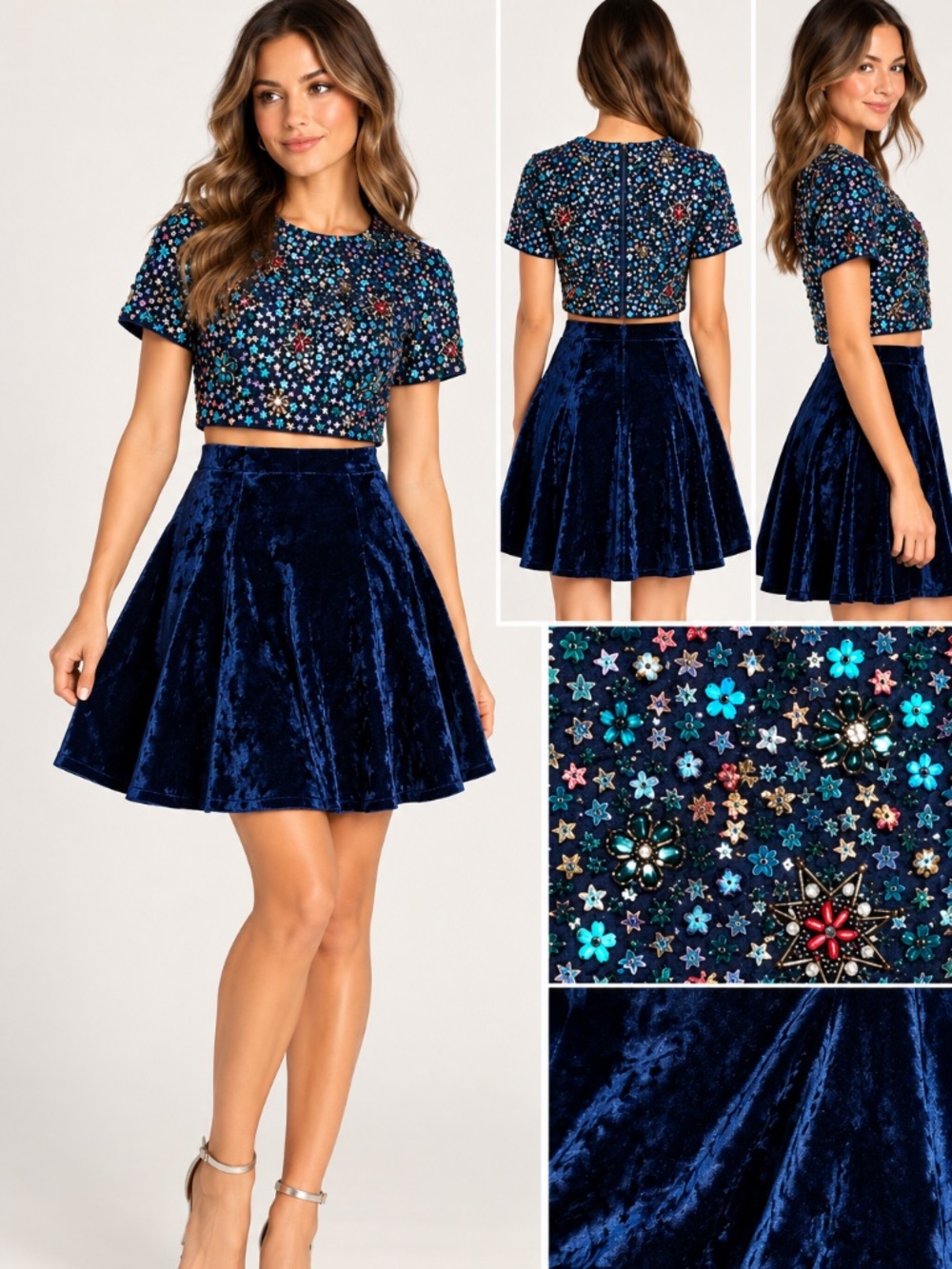 Sherri Hill 2 Piece Velvet Dress Beaded Sequin Crop Top Mini Skirt Navy 2 NWT